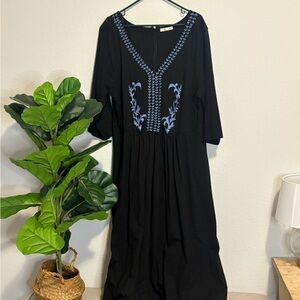 Black Maxi Dress with Blue Embroidered V-Neck 3X